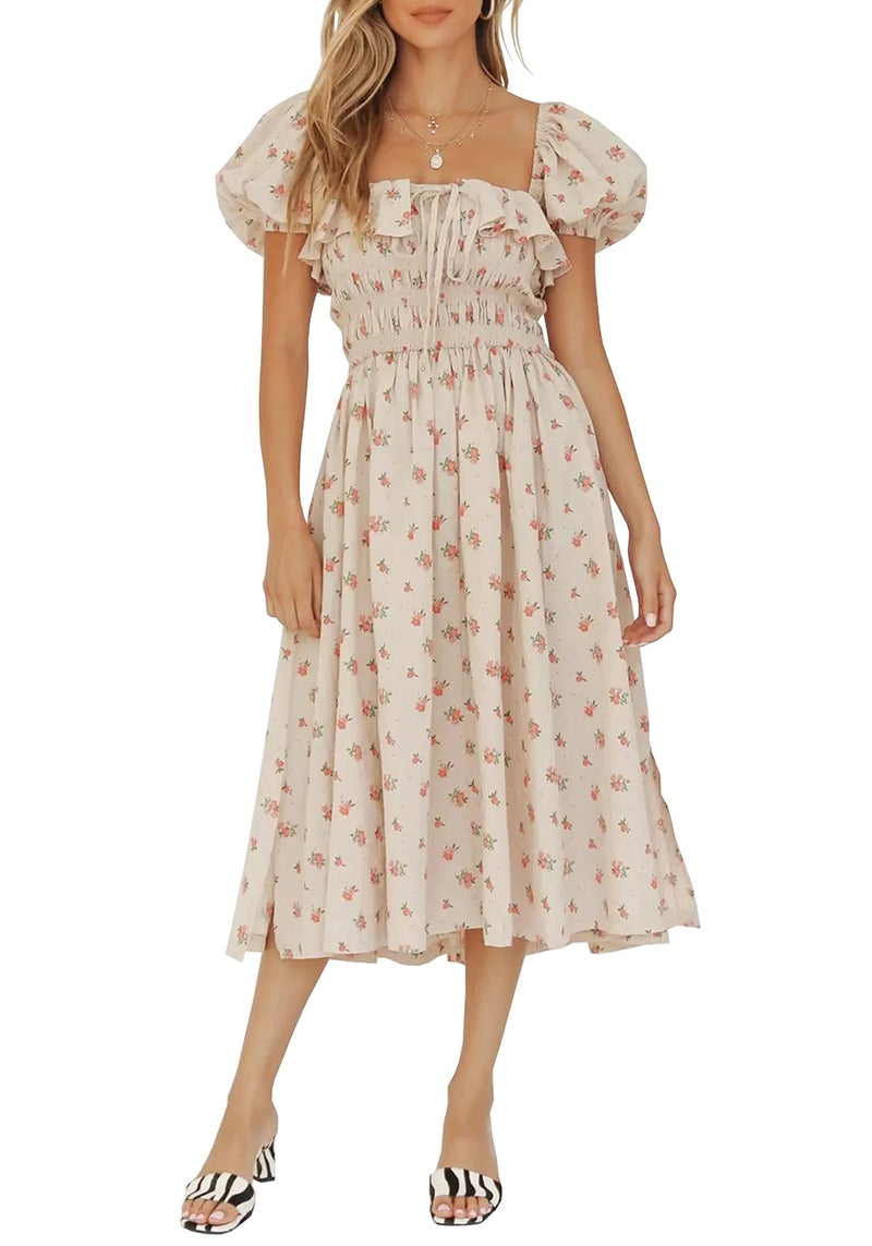 R.Vivimos Womens Summer Floral Print Puff Sleeves Vintage Ruffles Midi Dress (Large, Beige) - Image 1